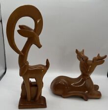 VTG Set Of 2 Deer Hand Carved Wood Deer Figurine Statue MCM. Light Shiny Balsa? picture