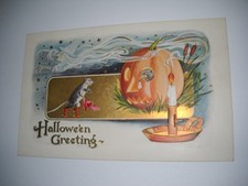 HALLOWEEN WITCH CELEBRATES LOVE antique unused EMBOSSED postcard CHROMO gold picture