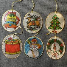 Vintage Capiz Shell Christmas Ornaments Hand Painted Set of 6 Retro 70s 80s picture