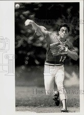 1989 Press Photo Aldenville Baseball Player John Roy Throws to First Base picture