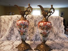 ANT. PAIR OF VICTORIAN MANTLE EWER VASE HAND PAINTED GLASS VASES picture