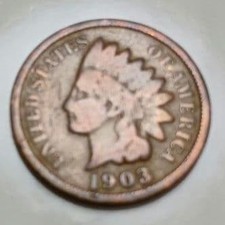 Vintage 1903 US Indian Head 1 Cent Coin, Old Collectible, Fine Condition picture