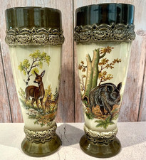 Vtg King Austria 154 Hand Painted Ceramic Vases Set 2  Boar & Deer Family Forest picture