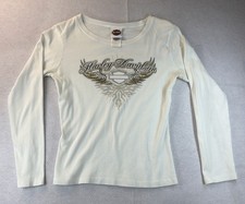 Harley Davidson Women's L Off White Long Sleeve Logo Rhinestone Shirt Biker. picture