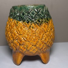Michoacán Mexican Folk Art Glazed Clay Pineapple 3 Footed Pot Green Gold 5”H picture