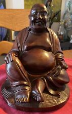 Vintage Happy Buddha Wood Carving Inlaid Teeth / Eyes: Made In Hong Kong picture