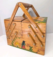 Vintage Mexican Folk Art Wood Sewing Box 3 Tiered Accordian Style Hand Painted picture