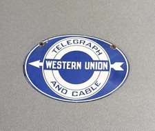 VINTAGE 12” WESTERN UNION TELEGRAPH PORCELAIN SIGN CAR OIL GAS MOTORCYCLE TRUCK picture