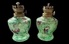 Pair Antique Green Mercury Glass Miniature Oil Lamps~Grapes & Vines~c.1890s picture