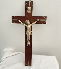 12” Antique French Cross Crucifix Wood Inlay Metal Silver Wall Christ picture