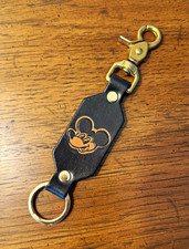 Mickey Mouse Black Leather Keychain Fob with Gold Tone Clip & Key Ring Handmade picture