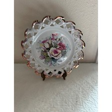Vintage Reticulated Porcelain Floral Plate Gold Gilt Lattice Edge Pink Roses 6