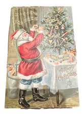 Antique Christmas Postcard 1906 Santa Claus Trimming Tree Embossed Vintage picture
