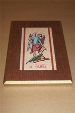 RARE VINTAGE CATHOLIC SAINT ST MICHAEL the ARCHANGEL PYRAGLASS RELIGIOUS PLAQUE picture