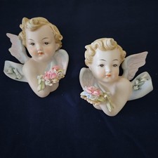 Vintage Antique Lefton Porcelain Angel Wall Hanging Pair READ DESCRIPTION picture