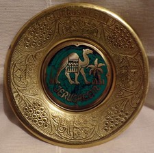 Beautiful Vintage Brass Israel Jerusalem Plate Wall Hanging Camel Palm Tree 6