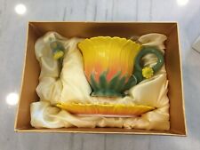 PIER 1 PORCELAIN SUNFLOWER TEACUP AND SAUCER WITH SPOON BEAUTIFUL DELICATE NIB picture