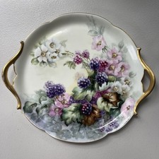 Antique T&V Limoges France Hand Painted Berry Floral Tray Gold Handles Signed picture