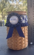 Longaberger 2003 Blue Ribbon Pride Bank Basket, Liner, Protector, Lid, tie on picture