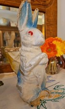 Antique Pulp Paper Mache Blue  Yellow Easter Bunny Rabbit Basket Candy Container picture
