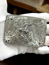 Ahmad Khan Custom Sterling Silver Bucking Bronco Trophy Buckle Rubies Handmade picture