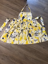 Vintage Homemade Full Bib Apron Yellow Navy Mod Floral Lace Trim Pockets Halter picture