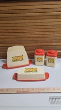 Vintage Plastic Table Set Floral Pattern Napkin Holder Salt Pepper Butter 1970s picture