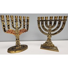 2 Vintage Brass Mini Menorahs 7-Candle SHALOM JERUSALEM Judaica Decor picture