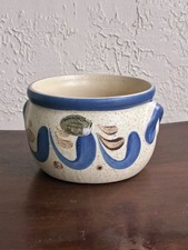 VINTAGE Handmade Pot German Westerwald Stoneware Bowl Cream Cobalt Blue Folk Art picture