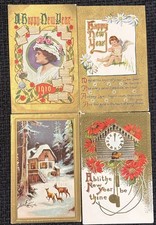 4 Antique Gold New Year Postcards Snow Clock Calendar Poinsettia Lady Cherub picture