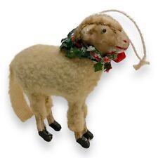Antique German Match Stick Leg Wooly Sheep Ornament 2.5” Figure Holly Wreath picture