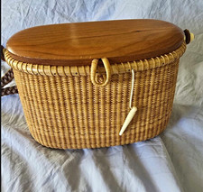 Vintage Basketville Vermont Nantucket-Creel Lidded Rattan & Wood Basket Purse picture