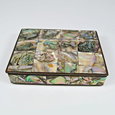Abalone Shell Inlay Jewelry Trinket Box Wood Lined Brass Hinged VTG Mexico 4.5
