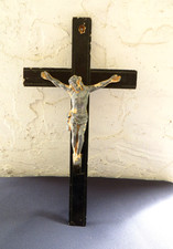 Very Old Convent Wall Cross Metal Paint Chipped Crucifix distressed Estate KN picture
