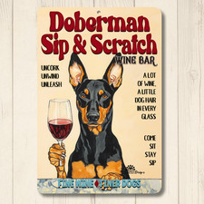 Doberman Wine Bar Sign funny Sip & Scratch metal tin dog wall art decor gift picture