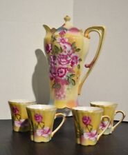 Vintage Limoges Cocoa Server With 4 Tankards Yellow/Pink Poppies Hand Painted picture