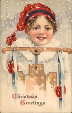 Christmas Child Red Hat Snowy Scene Sled c1900-20s Vintage Postcard picture