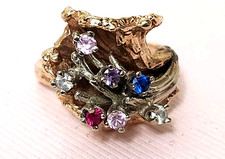 14K YELLOW & WHITE GOLD WAVE GEMSTONE RING VINTAGE STUNNING 11.6Gr + STAMPED 14K picture