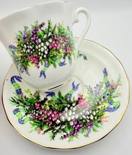 Vintage Crownford England Heather Floral Tartan Plaid Cup & Saucer; Teacup picture