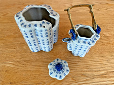 Vintage Blue White Floral Chinese Tea Pot Porcelain Ceramic Brass Handle picture