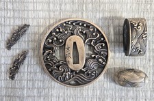 Brass Tsuba Fuchi Kashira Menuki set Fittings For Japanese Katana Samurai Sword picture