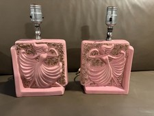 Pair Vintage Ceramic Pink/Gold Lady Dancing Lamps Boudoir C. Mid 1930s - Working picture