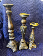 Fitz and Floyd Set of 3 Gold Leaf Resin Pillar Candle Holders, 21in 18in 14in picture