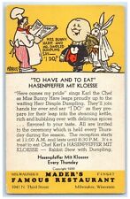 Mader's Famous Restaurant Karl Chef Miss Bunny Hare Milwaukee WI Postcard picture
