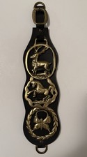 Vintage English-Style Horse Brass Wall Hanging – Set of 3 on Black Leather picture