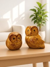 Vintage Pair Owl Figurines MCM Pottery Ceramic Brown Japan MCM picture