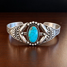 Vintage Sterling Silver Southwestern Cuff Bracelet Blue Turquoise Stone Openwork picture