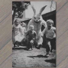POSTCARD Giant Bunny Chasing Kids Creepy Easter Costume Black White Shock picture