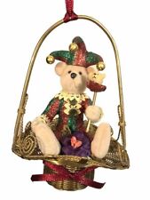 Vintage Katherines Collection Christmas Ornament Jester Teddy Woven Metal Basket picture