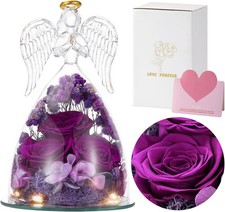 Preserved Purple Rose Glass Angel Figurine LED Light 4.3x6.7